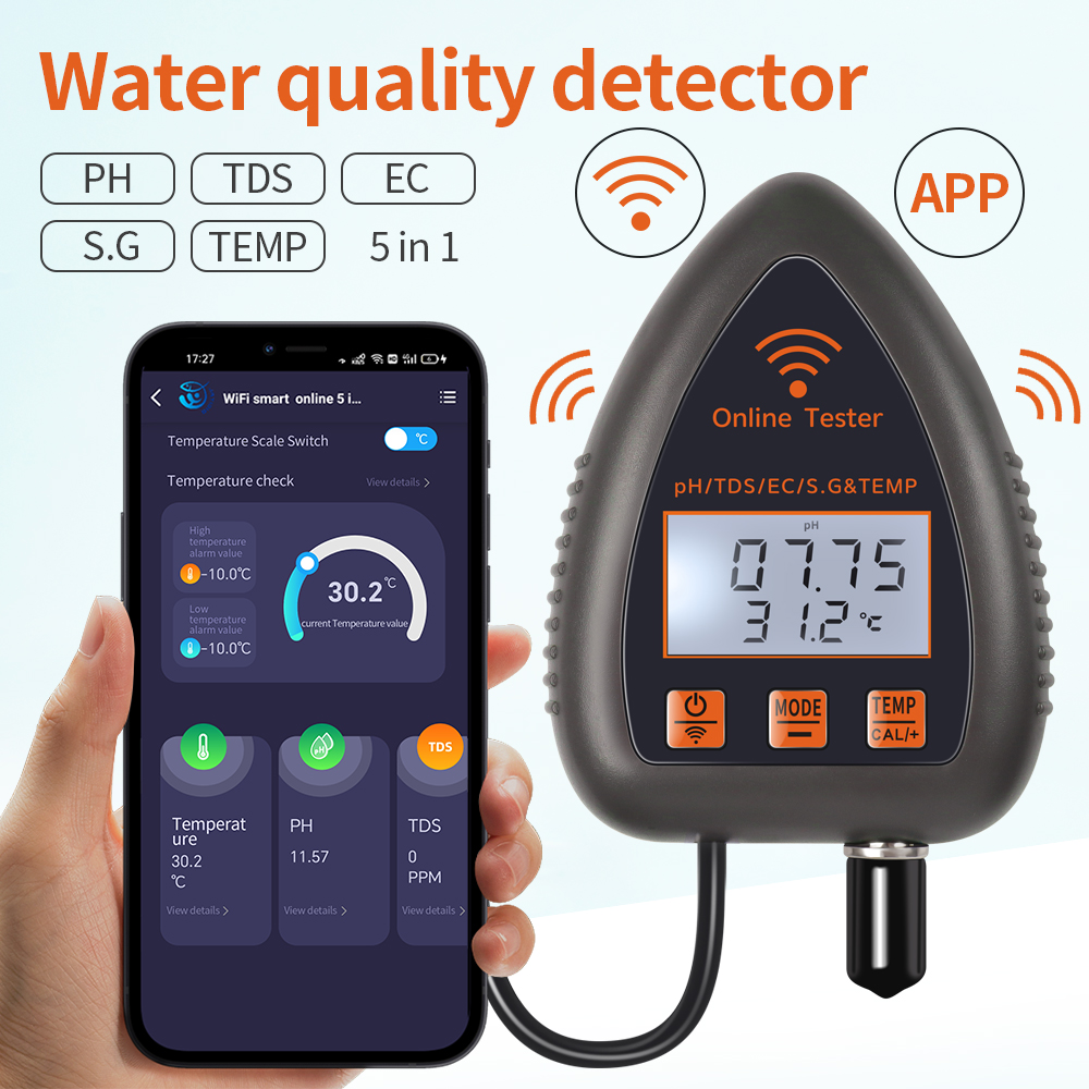 Ph Up Down Solution - Tuya WiFi 5 في 1 TDS/EC/SALT/S.G./TEMP